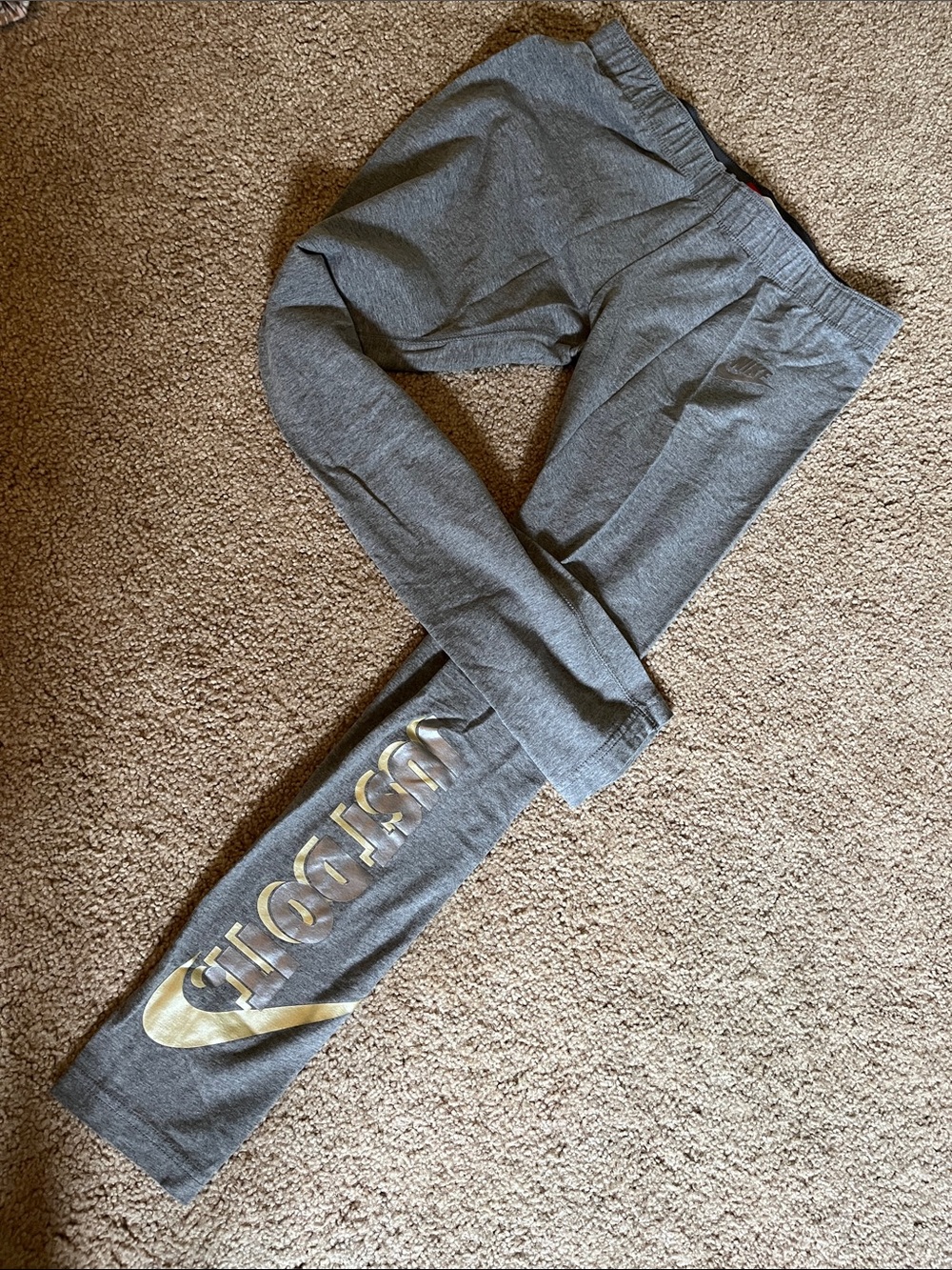 Nike Kids Gray Leggings with Metallic Gold Swoosh and Script